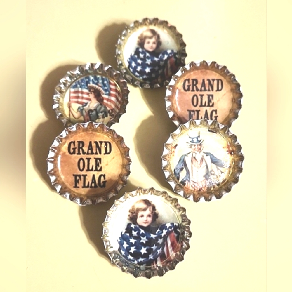 Anthropologie Set Of 6 Patriotic Bottle Cap Pins - Picture 1 of 6